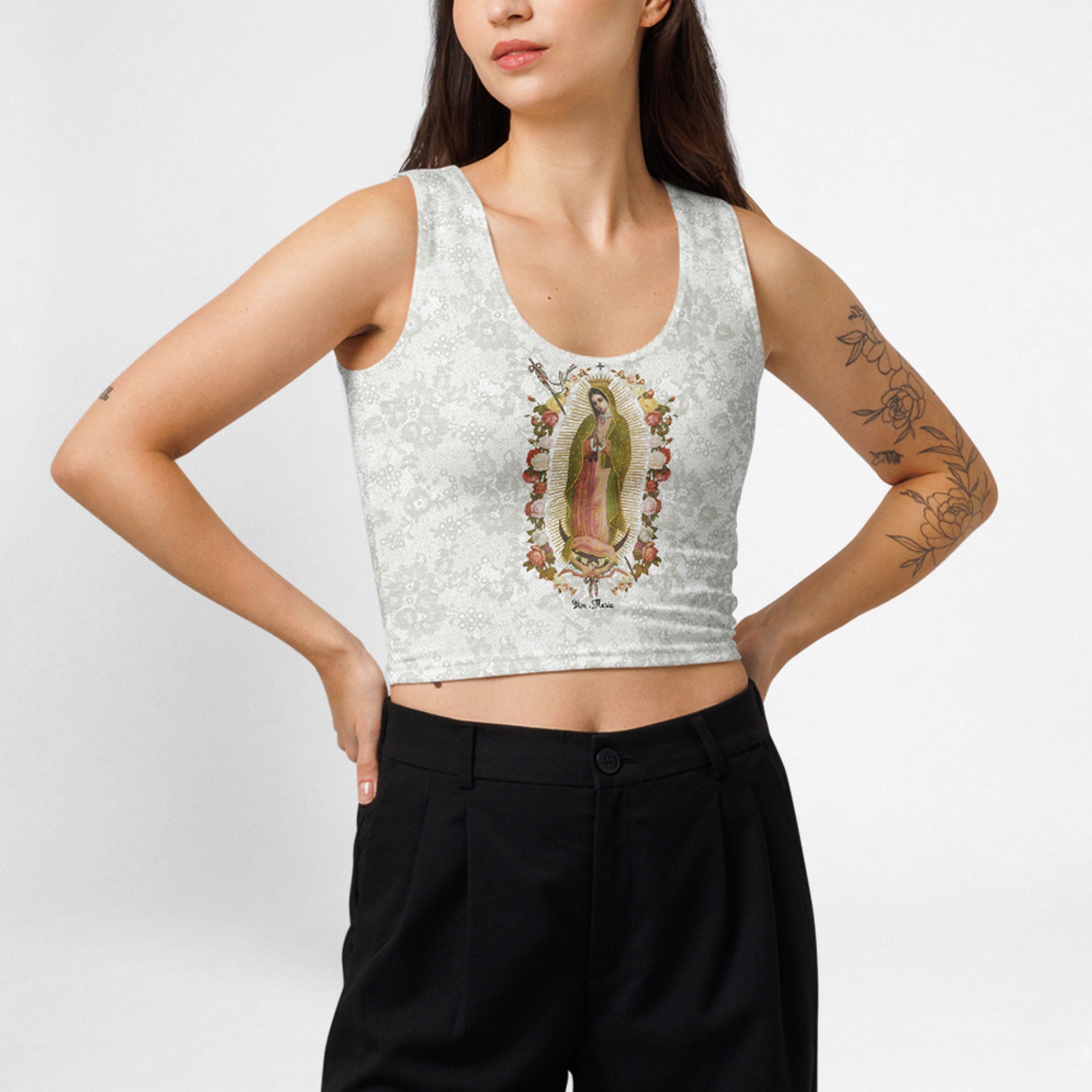 Holy Mary printed Lace crop top